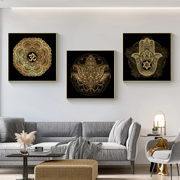 Aur și Negru Mandala Lotus Art Panza Pictura pe Perete Postere, Printuri Religie Arta de Perete Imagini pentru Living Decorul Camerei