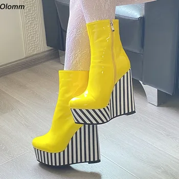 Olomm Handmade Femei Platforma Glezna Cizme Bandă Pene Toc Cizme Rotund Toe Rosu Superba Roz Pantofi de Partid, Plus NOI Dimensiuni 5-20