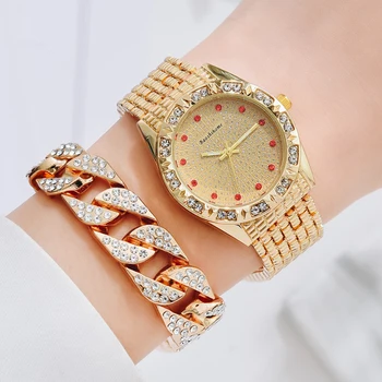 Aur Relogio Feminino Miami Cubanez Lanț Cu Brățară de Cristal Set de Moda Cuarț Ceas de mână de Lux Mens Ceasuri relojes mujer