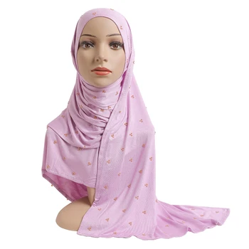 H201 bumbac jersey musulman eșarfă lungă cu ștrasuri din mărgele modal vălului islamic hijab șal arabă dreptunghiulară headwrap doamna văl