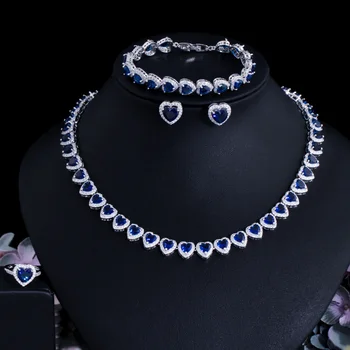 CWWZircons 4buc de Lux din Africa Cubic Zirconia Albastru Royal Forma de Inima Mireasa Nunta Seturi de Bijuterii pentru Femei Colectia de Partid T580