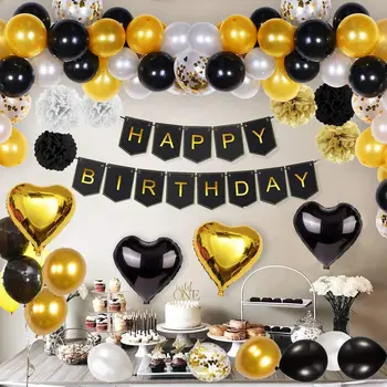 46pcs Black Gold Happy Birthday Banner Petrecere Decoratiuni Confetti Stea Inima Baloane Folie Pompoms Hârtie pentru Ziua de Decor