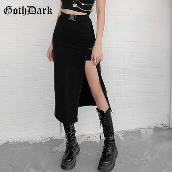 Goth, Gotic Întunecat De Înaltă Talie O-Linie Neagră Fuste Midi Mall Goth Y2k Stilul Punk Femei Sexy Fantă Laterală Față Catarama Fusta Clubwear