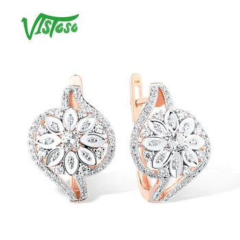 VISTOSO Reale 14K 585 Aur Rose Clip Cercei Pentru Femei Superb Diamant Spumant Floare de Nunta de Lux Cadouri Bijuterii Fine