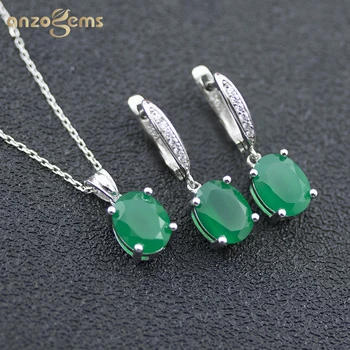 Anzogems 100% naturale agat verde set de bijuterii solid 925 sterling silver cercei piatră prețioasă ovală cu pandantiv pentru femei simple seturi