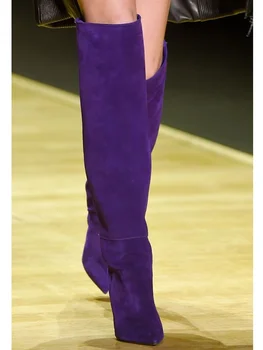Purple Suede Genunchi Ridicat Cizme De Iarna A Subliniat Toe Stilet Toc Peste Genunchi Cu Fermoar Lateral Nou-Veniți Cizme De Moda