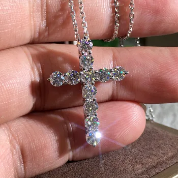 Simplu 18K Aur Alb Geometrice Tăiat Diamant Spumant Crucea Pandantiv Colier pentru Femei de Lux de Nunta de Logodna Bijuterii