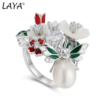 Laya Argint 925 Înaltă Calitate Zircon Natural Pearl Shell Flori Frunze Email Inel Pentru Femei La Modă De Bijuterii 2022 Trend