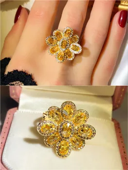 Cristal galben Citrin Pietre pretioase Diamante Flori Mari Inele pentru Femei Aur Alb de 18k-a Umplut de Argint Bijuterii Fine Bijoux Cadouri Noi