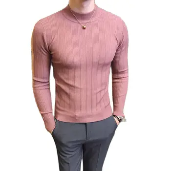 Toamna și Iarna Stil Boutique de Moda cu Dungi Stretch Confort Mens Casual Pulover Guler Culoare Solidă Tricot Pulover Slim