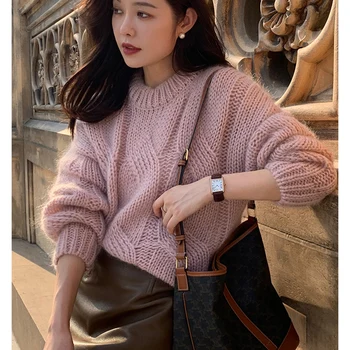 Moda si Elegante Femei Mohair Cable Knit Jumper Moale Pulovere Femei 2022 Femei Blând Moda coreeană Echipajul Gât Tricotaje