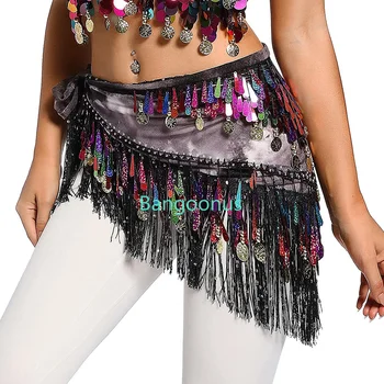 Femei Belly Dance Costum Accesoriu De Imbracaminte Lacrimă Paillettes Franjuri Wrap Elastic De Bază Tie-Dye Triunghi Curele Monede Hip Eșarfă