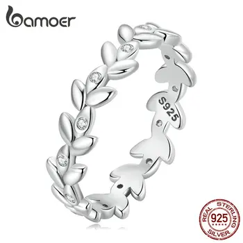 Bamoer Argint 925 Minimalist Inel de Frunze Deschide Setare CZ Aranjate Lasă Model de Inel pentru Femei Marimea 6-8 BSR306