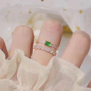 Coreeană de moda fierbinte bijuterii de 14K aur veritabil galvanizare cupru încrustat zircon inel dublu pătrat verde de cristal femei inel deschis