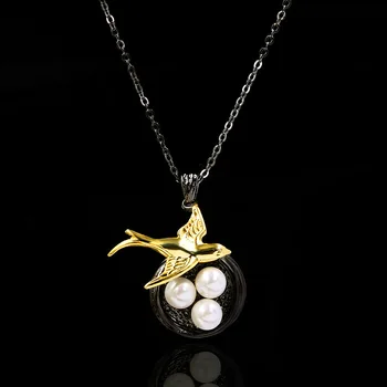 Elegant Clasic Pearl Colibri Coțofană Pandantiv Colier din Argint 925 Clavicula Lanț de Aur Negru de Două-ton Colier