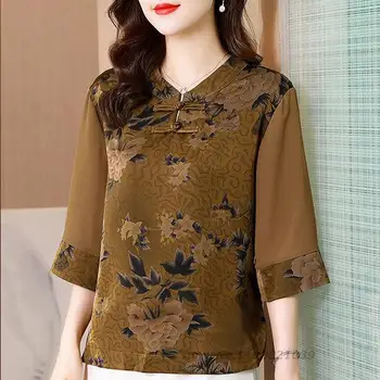 2022 tradițională chineză bluza vintage cheongsam topuri femeie clasica din satin qipao tricou femeie din satin floare de imprimare etnice bluza