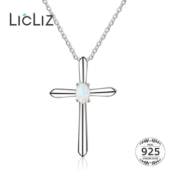 LicLiz Noi Argint 925 Moda Crucea Alb Opal Pandantiv Coliere pentru Femei de Argint Lung Lanț de Link-ul de Bijuterii Cadou LN0480