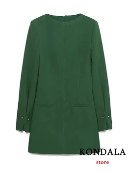 KONDALA Vintage Verde Solid Drept Rochie Mini Femeile O Gatului Maneca Lunga Moda 2022 Rochie de Toamna Elegant Mujer Vestidos