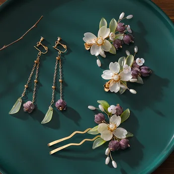5pieces seturi Stil Chinezesc Ace de Păr, Cercei Set Sticla Violet pieptene Edge Clip Antic Fată Costum de nunta Accesorii de Par