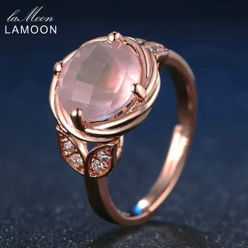 LAMOON Flori 9mm 100% Naturale Rotunde Roz Rose Cuarț Inel Argint 925 de Bijuterii de Nunta Romantica Trupa LMRI016