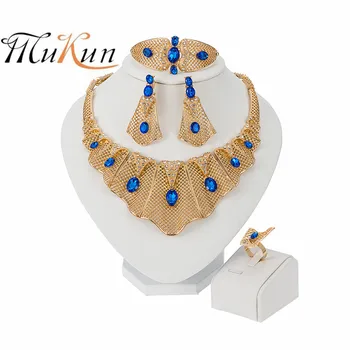 MUKUN Indian Mireasa Moda Bijuterii Seturi de Albastru de Cristal Pandantiv Colier Mare Dubai Femei Elegante de Lux Cercei Bijuterii Cadou