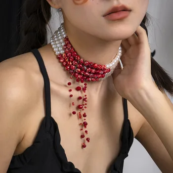 Stil Modern, Dulce și Rece Gotic Picătură de Sânge Tassel Colier Petrecere de Halloween Perla Coliere Bijuterii pentru Femei