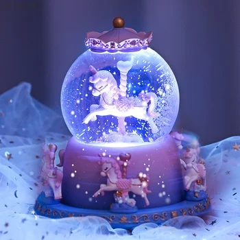 Drăguț Unicorn glob de Cristal Roti Cutie muzicala cu Lumina Colorate Automată Fulg de nea Cristal Desktop Girly Ornament de Crăciun Cadou
