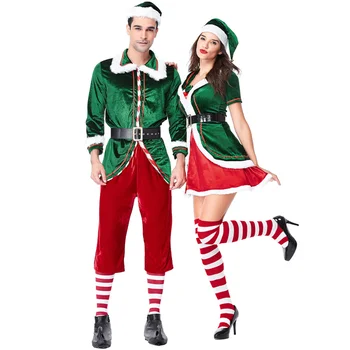 Cu mâneci lungi Cupluri Verde Elf de Crăciun Costum Costum de Moș Crăciun Îngroșat Adult Cosplay Petrecere de Performanță Costume