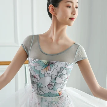 Balet-Dans Tricouri Femei 2021 Nou Short sleeve Print Gimnastica Costum de Dans pentru Adulti Balerina pentru dans Balet Tricou
