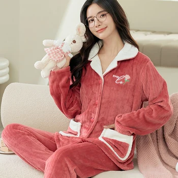 Noua Toamna Iarna Flanel Cald Set De Pijama Femei Îngroșa Dulce Homewear Pijama Două Bucata Set Litere Brodate Pijamale, Costume