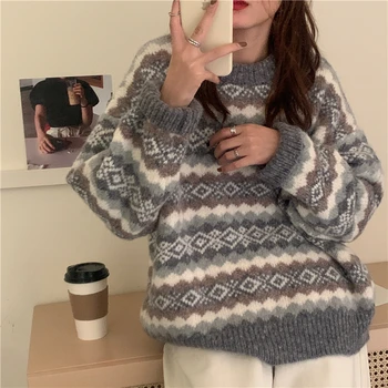 Noua Toamna Iarna Pulover Femei coreene Geometrice Vrac Epocă Pulover Tricotate Femei Lungă cu mâneci Pulover Harajuku Sus