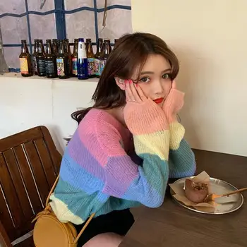 Începutul Toamnei-Coreean Curcubeu Pulover Cu Dungi Pentru Femei Kawaii Liber Subțire Tricotate Pulovere Dulce Chic Supradimensionate Pentru Femei Pulovere Pastelate