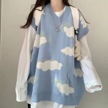 Pulover tricotat pentru Femei de Cald Tunica Vesta Femei Drăguț Nor Preppy coreean Stype Pulover de Haine de sex Feminin Trage Sus Maneca Lunga