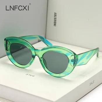 LNFCXI Retro Cadru Mic Ochi de Pisica Shades ochelari de Soare pentru Femei de Lux Jeleu de Culoare Verde cu Dungi Vintage Ochelari de Soare Barbati