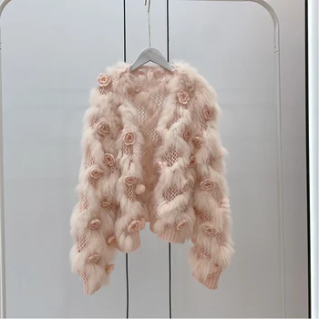 Toamna Noua Blană de Vulpe Țesute Haină de Blană pentru Femei Scurte de Flori Blana naturala Cardigan Pulover pulover femei