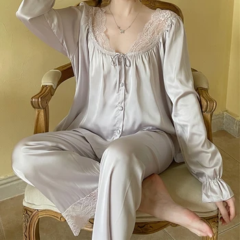 Stil francez Femei Solide de Primăvară de Toamnă Set Pijama Satin Doamnelor Dantela Pijamale 2 Piese Cu Pantaloni Costum de Pijama Pentru Femei
