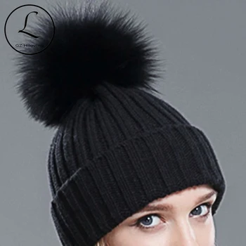 2017 Negru Acrilic Iarna Beanie Hat Pentru Femei Reale De Vulpe Argintie Blană Minge Pălării De Iarnă Cu Adevărat Blană De Raton Tricotate Pom Pom Beanie Hat