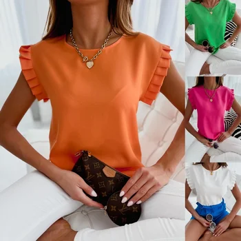 Vara 2022 Volane Bluza Femei cu Maneci Scurte Blaturi Solide O-Neck Cămașă Plisată Femeile Liber Casual Chic, Bluze Elegante 21427