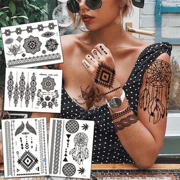 Negru Henna Tatuaj Braț Mandala Cu Flori Tatuaje Temporare Pentru Femei Feminin, Fetele Autocolant Tatuaj Fals Mehndi Tatuaje Personalizate De Nunta