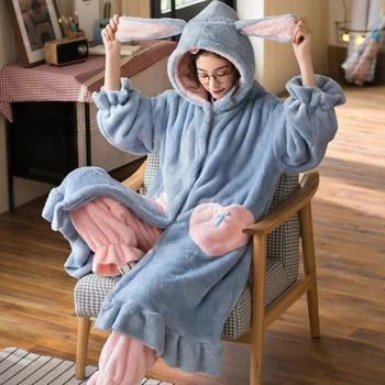 Iarna Flanel Seturi De Pijamale Pentru Femei, Fete Drăguț Urechi De Iepure Cu Gluga Cămăși De Noapte Costum Dulce Pijamale Cald Gros Pijamale Pijamas