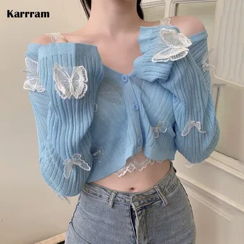 Karrram Fluture tricotate, Cardigane Femei coreene Sexy V-neck Fitness Culturilor Topuri Doamnelor de Vară Subțire cu Mâneci Lungi Jachete de protecție Solară