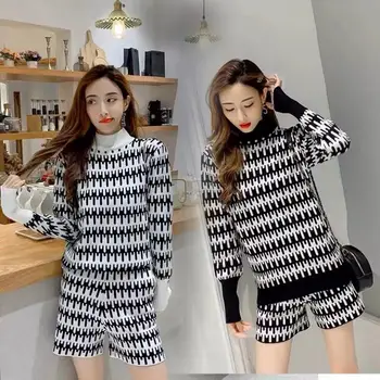 Femei Guler Maneca Lunga pulover Pulover și Set Scurt 2020 Iarna Vintage Model Jacquard Tricotate 2 Bucata Set