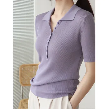 Vara Femei Polo Tricotate T-shirt Rândul său, în Jos Guler Jumătate Sleeve Slim Fit Culoare Solidă subțire Tricot, Bluze Office Lady Topuri 2022