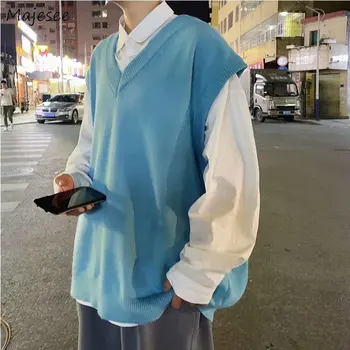 Bărbați Pulover Vesta Solidă Design Simplu V-Gât Tricotate Masculi De Agrement Chic Liber La Modă Strada Uza Student Cuplu Retro Harajuku