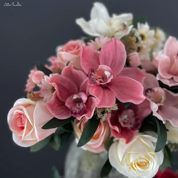 SunMade de Lux a Crescut Buchet cu Cymbidium Matase Flori Artificiale Decorul de Nunta Buchet de Mireasa Flores Artificales Roz Flore