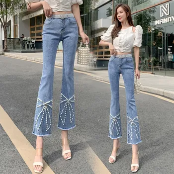 2022 Epocă Skinny Cu Talie Înaltă Flare Jeans Femei Slim Fit Papion Pearl Ștrasuri Din Mărgele Întinde Glezna-Lungime Pantaloni Din Denim Albastru Ciucure Blugi