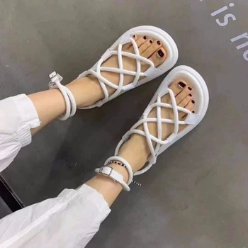 Femei Sandale De Vară De Moda De Culoare Solidă Frânghii Împletite Catarama Curelei Rotund Toe Gladiator Pantofi Casual Ladies Beach Pantofi Platforma