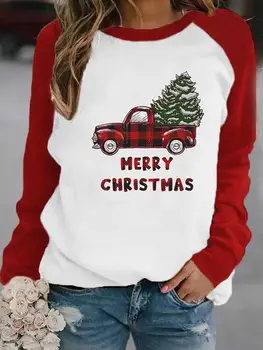 Crăciun fericit Haine Teuri Doamna de Moda cu Maneci Lungi pentru Femei de Iarnă Copac Carouri Camion 90 Topuri Femei Tricou Grafic T-Shirt