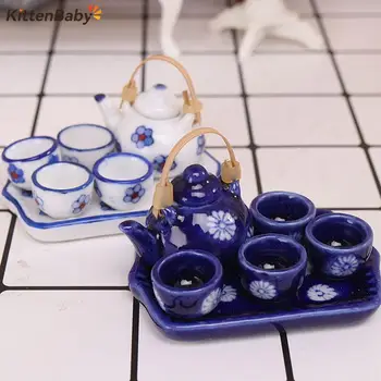 6Pcs 1/12 casă de Păpuși în Miniatură Accesorii Mini Ceramica Set de Ceai de Simulare Fierbător Placa Cupa Modelul Jucarii Papusa Casa Decor