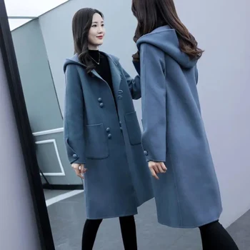 Noua Toamna Iarna Plus De Bumbac Haină De Lână Femei Coreene Lungi Cu Gluga Hanorac Palton Vrac Plus Dimensiune Lână Sacou Casual Trenci Ofițeresc